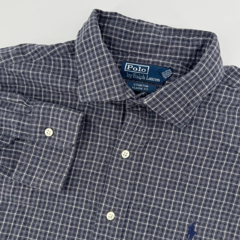 Polo‎ Ralph Lauren Shirt Mens XL Navy Blue Stanton Classic Fit Checkered Cotton